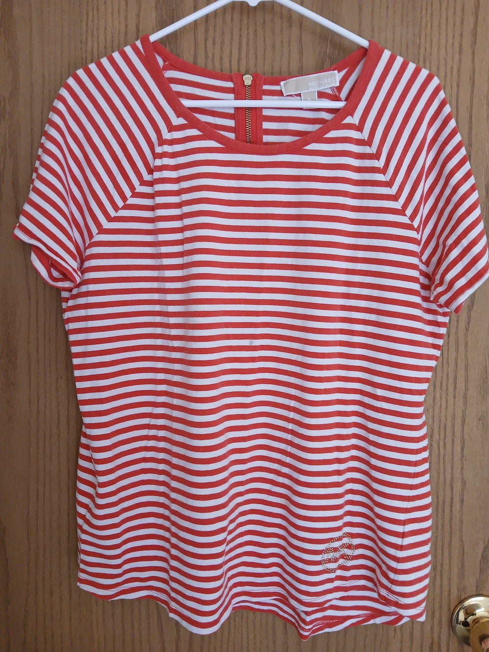 Michael Kors Red & White Striped Short Sleeve Tee with Back Zip - Size XL